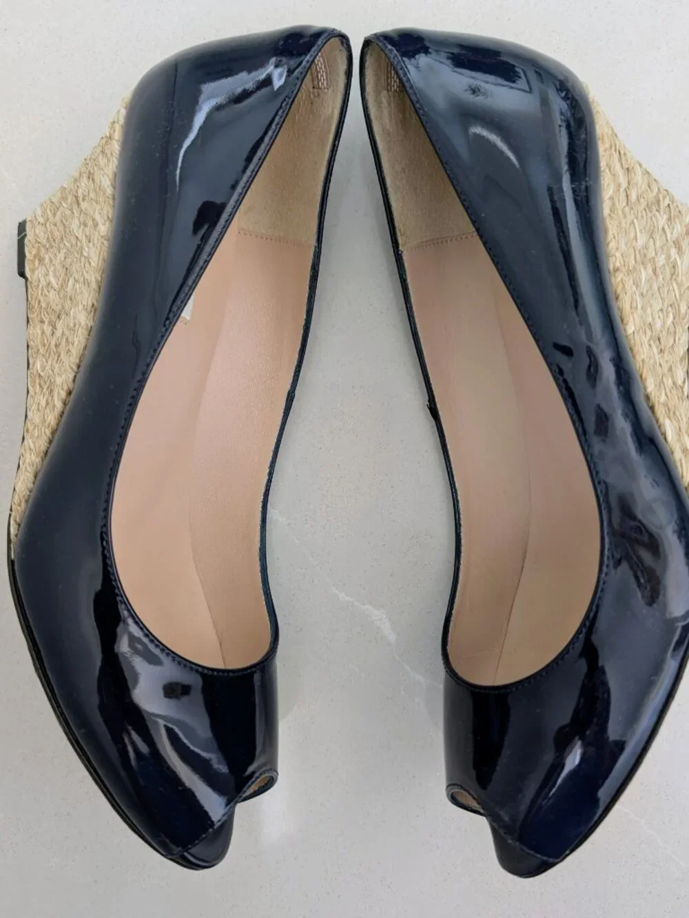 L.K. Bennett Edee Peep-Toe Patent Leather Espadrille Wedge–Navy Blue–US 9.5